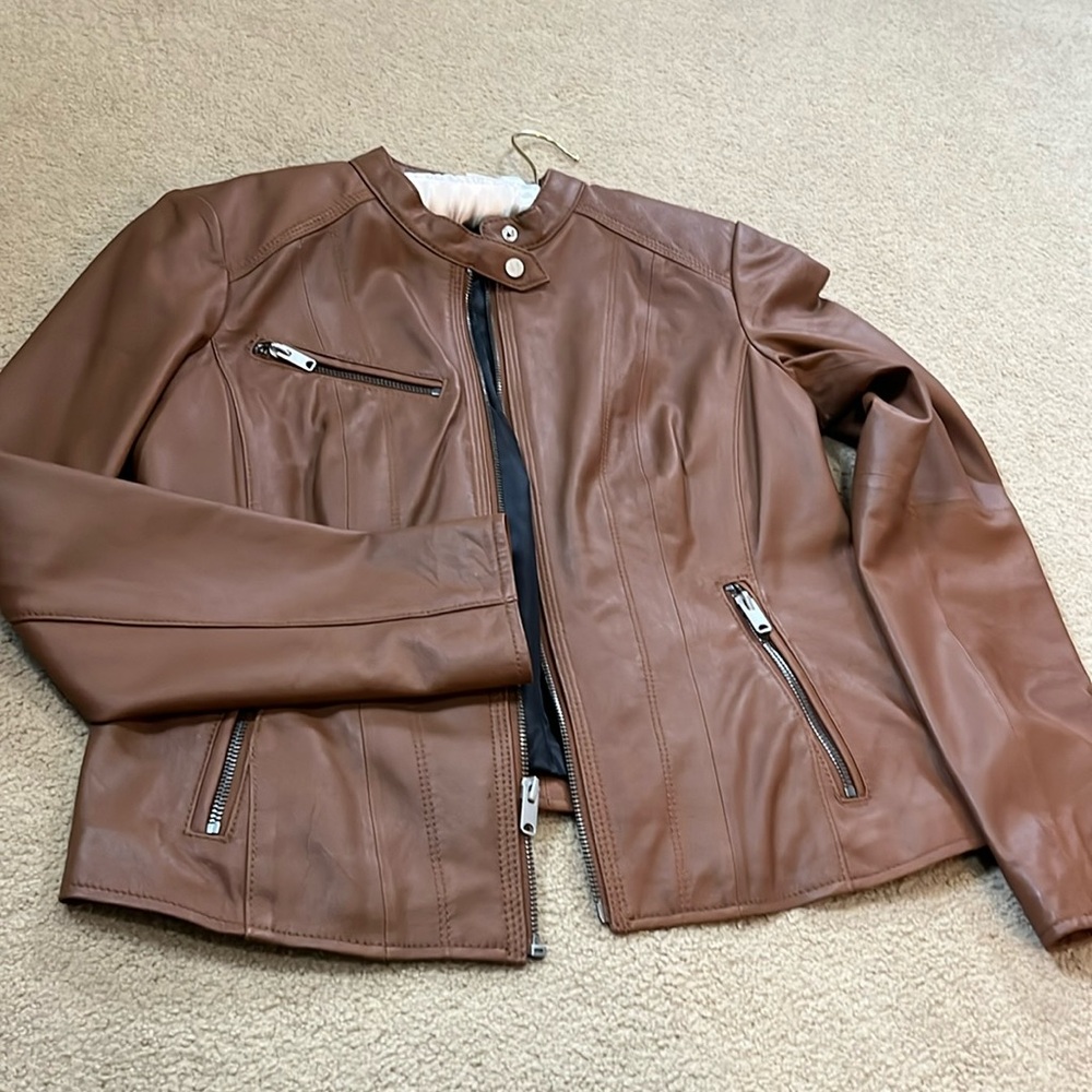 Andrew Marc brown leather fitted jacket